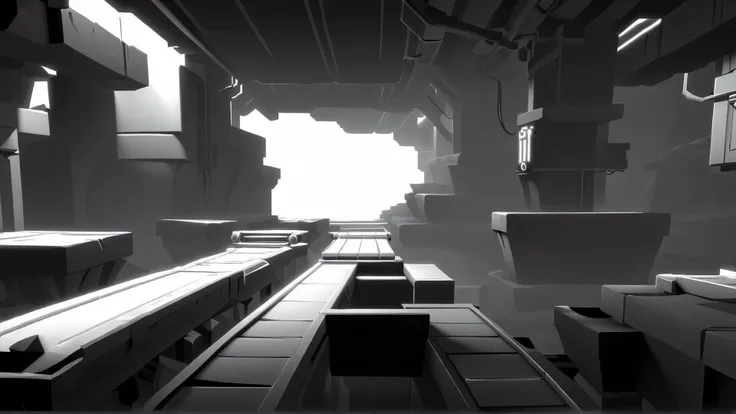 <lora:WhiteboxStyleXL:1>WhiteboxStyle Underground Mine Rails: Minecart tracks, rocky tunnels, swinging pickaxes, hidden treasure, rideable carts, sudden drops. monochrome, ambient occlusion, <lora:WhiteboxStyle:0.8> WhiteboxStyle, Cybernetic Ninja Dojo: Virtual reality training, blade obstacles, shuriken targets, stealth courses, wall-running., (Masterpiece:1.3) (best quality:1.2) (high quality:1.1)