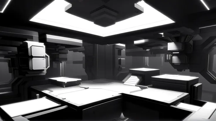<lora:WhiteboxStyleXL:1>WhiteboxStyle Space Station Zero Gravity Room: Floating objects, rotating platforms, magnetic walls, space vistas, tethered jumps. monochrome, ambient occlusion, <lora:WhiteboxStyle:0.8> WhiteboxStyle, shifting maze, (Masterpiece:1.3) (best quality:1.2) (high quality:1.1)