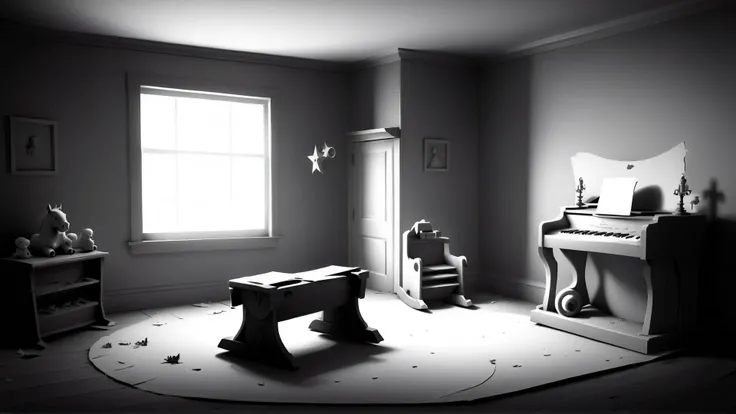 <lora:WhiteboxStyleXL:1>WhiteboxStyle Haunted Children's Playroom: Faded toys, rocking horse, eerie music box, tattered curtains, ghostly laughter. monochrome, ambient occlusion, <lora:WhiteboxStyle:0.8> WhiteboxStyle, alchemical workshop, (Masterpiece:1.3) (best quality:1.2) (high quality:1.1)