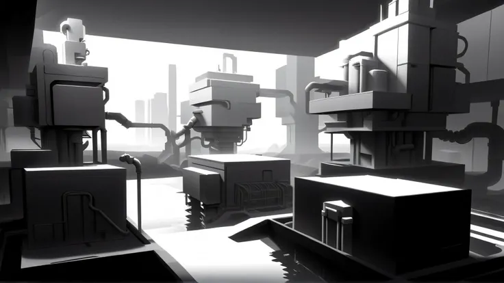 <lora:WhiteboxStyleXL:1>WhiteboxStyle Future London Climate Haven: Flooded streets, vertical farming, eco-friendly challenges, renewable energy, climate survival. monochrome, ambient occlusion, <lora:WhiteboxStyle:0.8> WhiteboxStyle, Mad Scientist's Laboratory: Chemical mixing, robot building, electrical puzzles, cloning experiments, escape challenges., (Masterpiece:1.3) (best quality:1.2) (high quality:1.1)