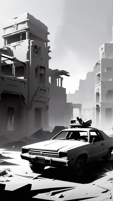 <lora:WhiteboxStyleXL:1>WhiteboxStyle burning desert monochrome, ambient occlusion, <lora:WhiteboxStyle:0.8> WhiteboxStyle, Post-Apocalyptic Desert Ruins: Crumbling buildings, rusting vehicles, dust storms, skeletal remains, scattered debris., (Masterpiece:1.3) (best quality:1.2) (high quality:1.1)