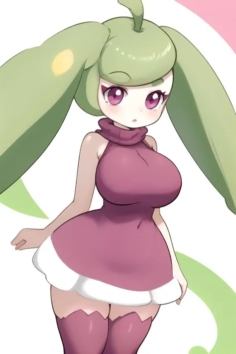 (best quality:1.2), highly detailed,Anime, Moe, illustration, (masterpiece:1.2), best quality,
 <lora:Steenee_Pokemon:0.8> steeneePKMN, solo, pokemon \(creature\), green hair, twintails, purple eyes, pink turtleneck, purple dress, purple thighhighs, chibi