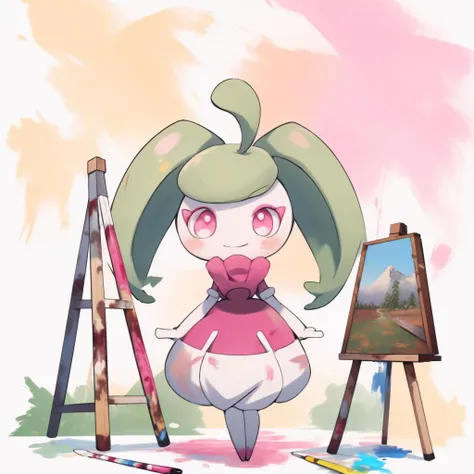 mountain, steeneepkmn, <lora:Steenee_Pokemon:0.8>, painting of, pokemon \(creature\), paintings, studio, standing, walking, green hair, twintails ,white skin, purple eyes, chibi, smile, masterpiece, best quality, pink thigh highs, pink turtleneck, smock, paintbrush, easel,  <lora:Bob_Ross:1>, bob ross, messy, leaf hair,, incredibly detailed, incredibly absurdres, masterpiece, best quality, highres, absurdres, 8k, 4k, hd, high quality, high definition,