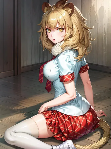 (extremely detailed CG), (best quality), 1girl, perfect face, absurdly long hair, bright pupils, (finely detailed beautiful eyes), shiny skin, lustrous skin, wide hips, narrow waist, <lora:LionKemono-04:0.9> LionKemono, 1girl, large breasts, brown hair, , yellow eyes, necktie,furr collar, ass focus , ass, looking back angry, tail, fullbody shirt, thighhighs,, sitting, yellow eyes, white shirt, short sleeves, pleated skirt, necktie, zettai ryouiki, plaid, red skirt, plaid skirt, red necktie, fur collar, breast pocket, plaid necktie