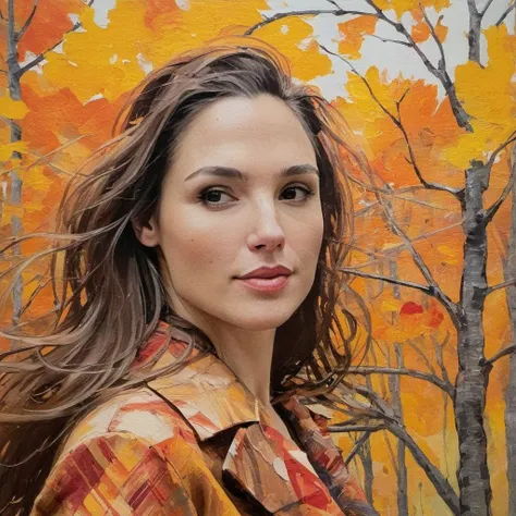 (Abstract) sketch of a woman in the fall season, oil on canvas, <lora:galgadot_xl_1_standard-000079:1>