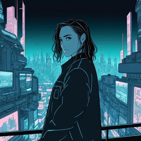 (2D lineart 90s Anime style) illustrattion of a woman looking at the viewer in a cyberpunk dystopian city,2D,    <lora:galgadot_xl_1_standard-000079:1.2>