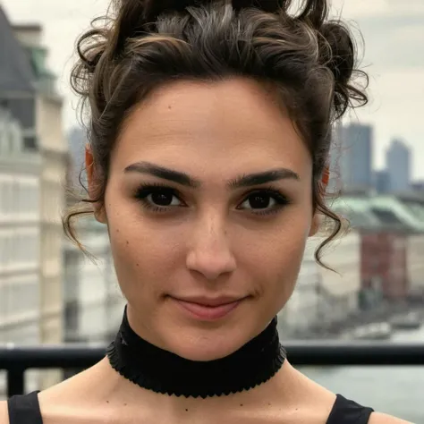 (Skin Texture, pores, natural,iPhone,RAW)), natural lighting,Highest Quality (Closeup) portrait photo of a woman with curly dark hair,black thin choker, Nikon Z9, realistic matte skin, blurry city in the background, 8K, symmetric, <lora:galgadot_xl_1_standard-000079:1>