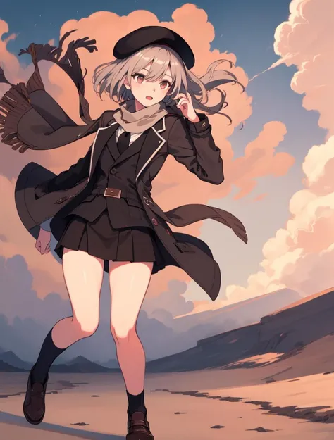 (1 Girl, best quality, ultra-detailed, 8K CG, high resolution), straight hair, short hair, brown short coat,wind-breaker coat, short socks,((brown scarfs)), full body, black hat