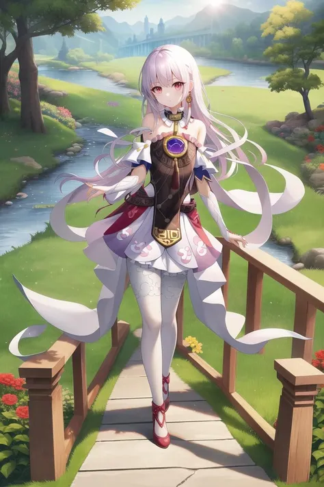 masterpiece,best quality,1girl,solo,white hair,red eyes,long hair,standing,white legwear,dress,detached sleeves,pantyhose,white dress,bare shoulders,china clothes,choker,high heels,jewelry,white gloves,neck ring,tassel,frills,skirt,bridge,river,flower,tree,sunshine,grass,<lora:clothes_fuxuan_costume_v1-000016:1>,