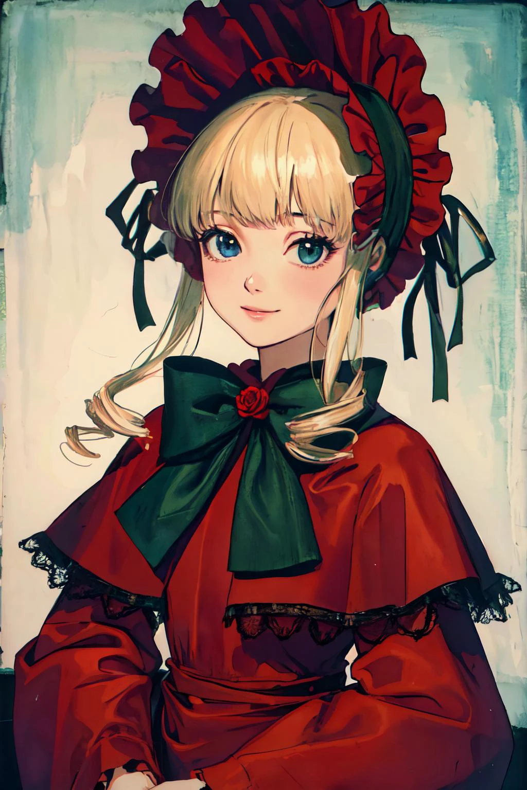 shinku <lyco:Shinku_loha_v1.0:0.8>
capelet, dress, bonnet, bow, ribbon,
(best quality, masterpiece, RAW photo,ultra-detailed:1.2), <lyco:GoodHands-beta2:1.0>,1girl,solo,looking at viewer,smile