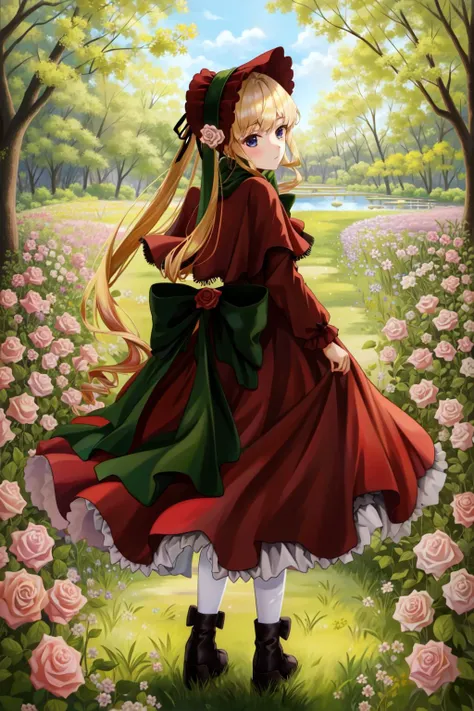 shinku, capelet, dress, bonnet, bow, ribbon, pantyhose, masterpiece, best quality, 1girl, outdoors, nature, looking back, <lyco:Teszt - Shinku:1.0>