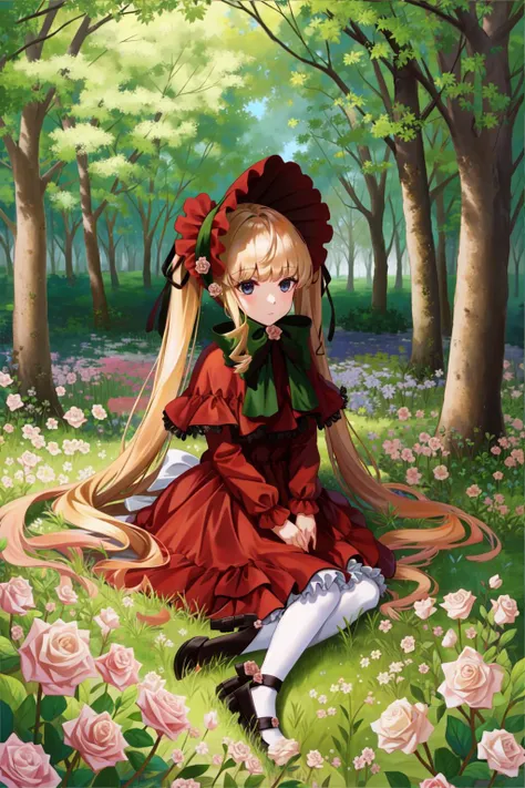 shinku, capelet, dress, bonnet, bow, ribbon, pantyhose, masterpiece, best quality, 1girl, outdoors, nature, sitting, <lyco:Teszt - Shinku:1.0>