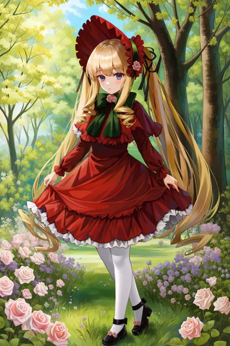 shinku, capelet, dress, bonnet, bow, ribbon, pantyhose, shoes, masterpiece, best quality, 1girl, outdoors, nature, <lyco:Teszt - Shinku:1.0>