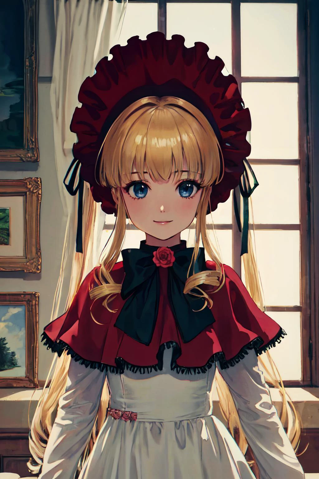 shinku <lyco:Shinku_loha_v1.0:0.8>
capelet, dress, bonnet, bow, ribbon,
(best quality, masterpiece, RAW photo,ultra-detailed:1.2), <lyco:GoodHands-beta2:1.0>,1girl,solo,looking at viewer,smile