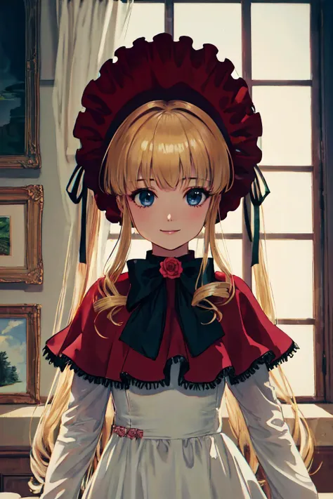 shinku <lyco:Shinku_loha_v1.0:0.8>
capelet, dress, bonnet, bow, ribbon, 
(best quality, masterpiece, RAW photo,ultra-detailed:1.2), <lyco:GoodHands-beta2:1.0>,1girl,solo,looking at viewer,smile