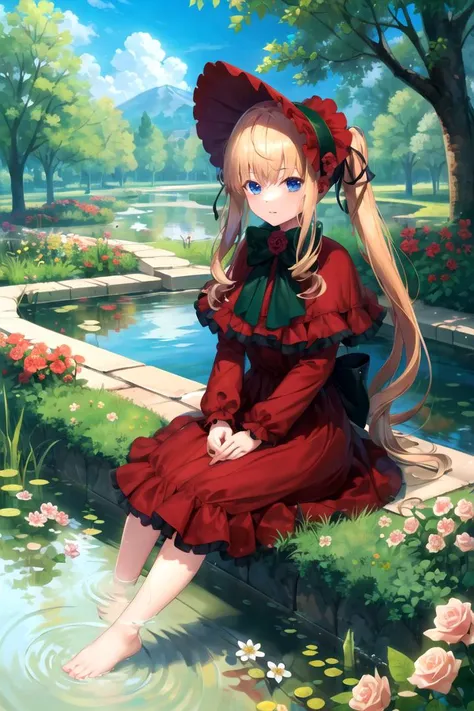 masterpiece, best quality, 1girl, <lyco:Shinku-000009:1.0>, shinku, capelet, dress, bonnet, bow, ribbon, outdoors, pond, sitting, soaking feet, solo, water