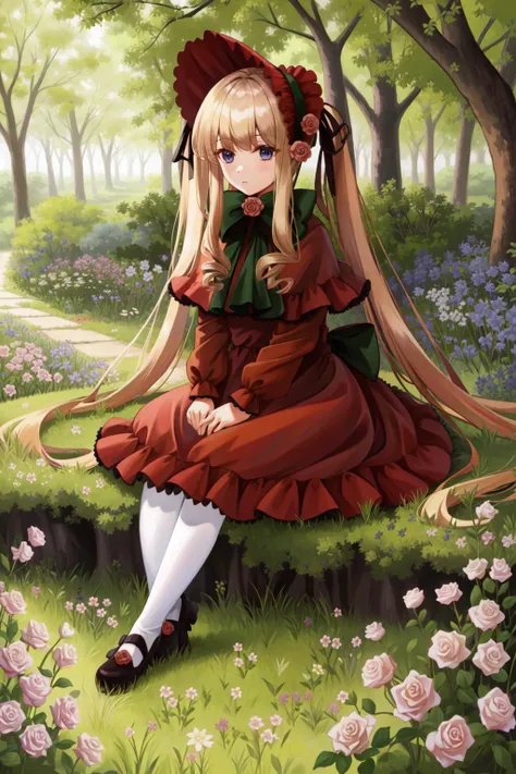 shinku, capelet, dress, bonnet, bow, ribbon, pantyhose, masterpiece, best quality, 1girl, outdoors, nature, sitting, <lyco:Teszt - Shinku:1.0>