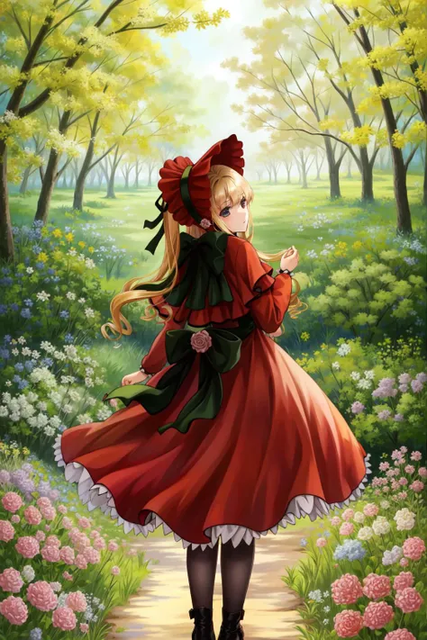 shinku, capelet, dress, bonnet, bow, ribbon, pantyhose, masterpiece, best quality, 1girl, outdoors, nature, looking back, <lyco:Teszt - Shinku:1.0>