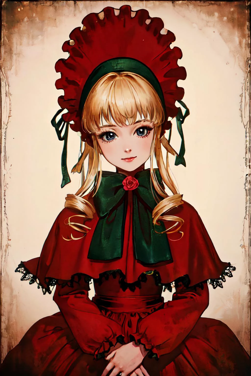 shinku <lyco:Shinku_loha_v1.0:1.1>
capelet, dress, bonnet, bow, ribbon,
(best quality, masterpiece, RAW photo,ultra-detailed:1.2), <lyco:GoodHands-beta2:1.0>,1girl,solo,looking at viewer,smile