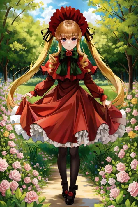 shinku, capelet, dress, bonnet, bow, ribbon, pantyhose, shoes, masterpiece, best quality, 1girl, outdoors, nature, <lyco:Teszt - Shinku:1.0>