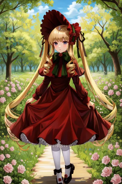 shinku, capelet, dress, bonnet, bow, ribbon, pantyhose, shoes, masterpiece, best quality, 1girl, outdoors, nature, <lyco:Teszt - Shinku:1.0>