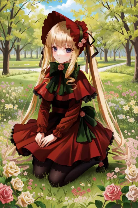 shinku, capelet, dress, bonnet, bow, ribbon, pantyhose, masterpiece, best quality, 1girl, outdoors, nature, kneeling, <lyco:Teszt - Shinku:1.0>