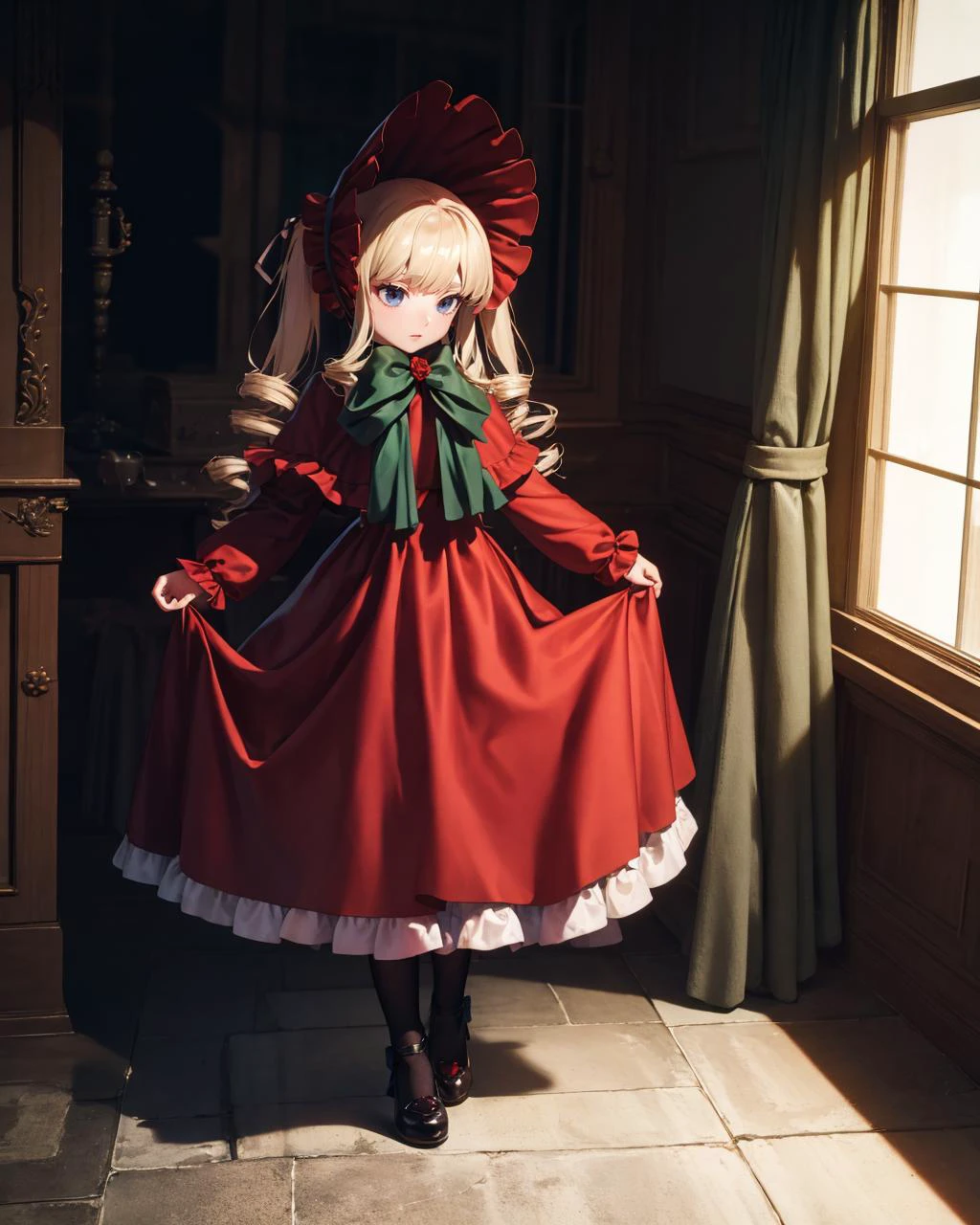 indoors, background, bedroom,
(shinku), capelet, dress, bonnet, bow, ribbon, pantyhose,
(masterpiece, best quality, detailed), <lyco:Shinku_loha_v1.0:1.0>
