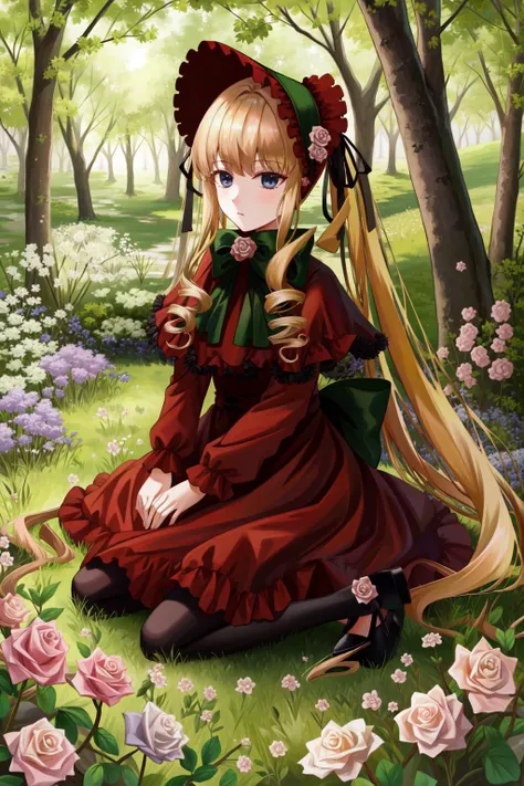 shinku, capelet, dress, bonnet, bow, ribbon, pantyhose, masterpiece, best quality, 1girl, outdoors, nature, kneeling, <lyco:Teszt - Shinku:1.0>