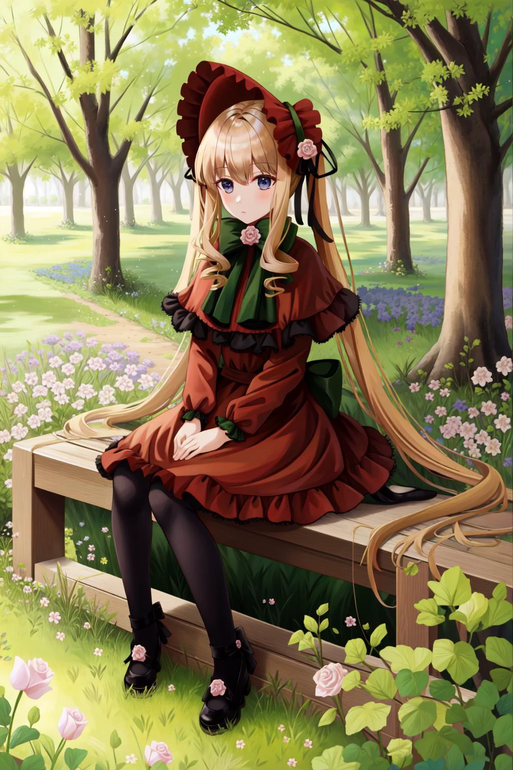 shinku, capelet, dress, bonnet, bow, ribbon, pantyhose, masterpiece, best quality, 1girl, outdoors, nature, sitting, <lyco:Teszt - Shinku:1.0>
