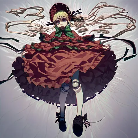 score_9, score_8_up, score_7_up, zPDXL, source_anime, shingeki_no_kyojin_s4_, potrait, solo, shinku, capelet, dress, bonnet, bow, ribbon, white pantyhose,doll joints