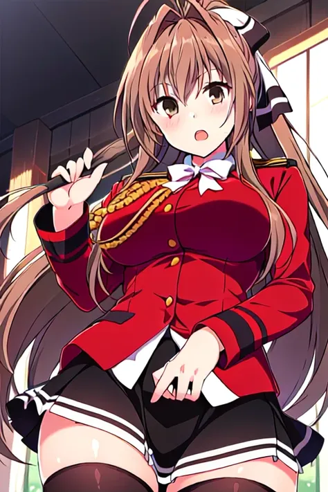 <lora:Sento:0.6>, Sento, sento_isuzu, 1girl, solo, long_hair, brown_hair, aiguillette, thighhighs, ponytail, skirt, open_mouth, brown_eyes, antenna_hair, large_breasts, zettai_ryouiki, breasts, bow,  ribbon,  hair_bow