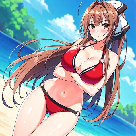 best quality, highres, ultra-detailed,<lora:Sento:0.6>. Sento, bikini, 1girl, sento isuzu, swimsuit, breasts, bikini, long hair, solo, large breasts, brown hair, cleavage, red bikini, navel, o-ring, antenna hair, brown eyes, o-ring bottom, crossed arms, blush, ass visible through thighs, dutch angle, looking at viewer, breast hold, ponytail, o-ring top, day, hair bow, bow, thigh gap, o-ring bikini, outdoors, groin