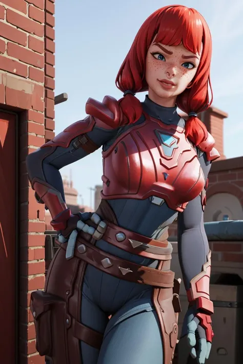 <lora:VRAMsTheImaginedX06:0.65>, xyzimagined, 1girl, red hair, twin braids, freckles, blue hair, bodysuit, armor, red metal, gloves, 3d, closeup, belt