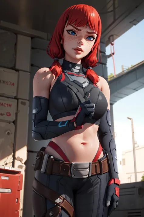 <lora:VRAMsTheImaginedX06:0.65>, xyzimagined, 1girl, gloves, 3d, closeup, belt, sports bra, blue eyes, red hair, twin braids, solo, freckles, bodysuit, midriff