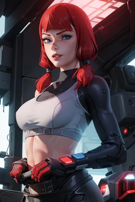 <lora:VRAMsTheImaginedX06:0.65>, xyzimagined, 1girl, gloves, 3d, closeup headshot, sports bra, blue eyes, red hair, twin braids, solo, freckles, midriff, mechanic, cyberpunk, night, parted lips, bodysuit