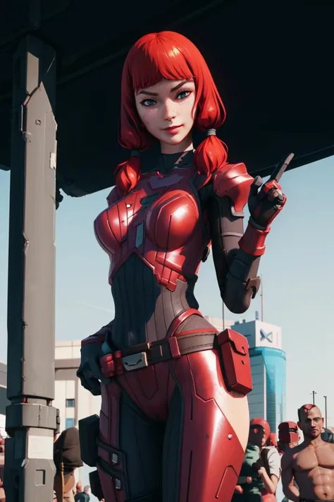 <lora:VRAMsTheImaginedX06:0.65>, xyzimagined, 1girl, bodysuit, armor, red metal, gloves, 3d, closeup, belt, cyberpunk, looking at viewer