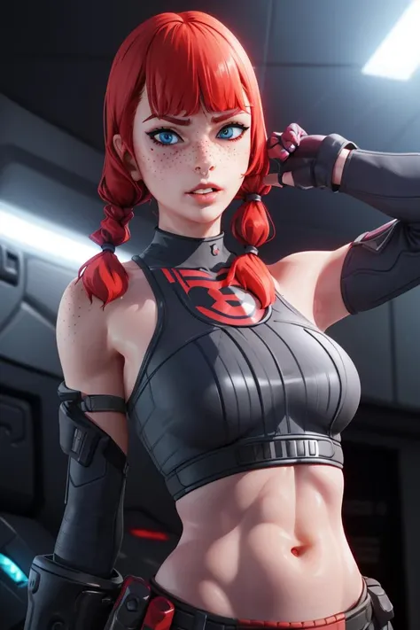<lora:VRAMsTheImaginedX06:0.65>, xyzimagined, 1girl, gloves, 3d, closeup headshot, sports bra, blue eyes, red hair, twin braids, solo, freckles, midriff, mechanic, cyberpunk, night, parted lips, bodysuit
