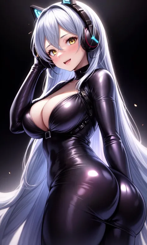 (Highres), (Detailed Illustration), Ultra-Detailed, Ambient Light, Backlighting, Realistic Shadows, Glowing Particles, Light Particles, Digital Art, Soft Light, Soft Lighting, White Light, White Lighting, Reflections, Detailed Face, (Detailed Hair:1.2), Dim Lighting, Indirect Lighting, Reflections, Detailed Face, (Detailed Hair:1.2), (Desaturated:1.4),
(indoors:1.2), looking at viewer,
(1girls:1.4), blush, cowboy shot,
ass, bangs, blush, bodysuit, breasts, cleavage, eyebrows visible through hair, hair between eyes, hand on own cheek, hand on own face, headgear, headphones, large breasts, long hair, open mouth, silver hair, skin tight, solo, very long hair, white background, yellow eyes, smile, (in-ear headphones:1.3),
(<lora:more_details:0.5>),
(simple background:1.4),
<lora:LoRA_testArkhangelsk:0.8>,