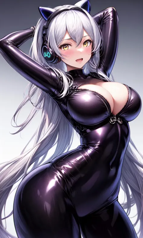 (Highres), (Detailed Illustration), Ultra-Detailed, Ambient Light, Backlighting, Realistic Shadows, Glowing Particles, Light Particles, Digital Art, Soft Light, Soft Lighting, White Light, White Lighting, Reflections, Detailed Face, (Detailed Hair:1.2), Dim Lighting, Indirect Lighting, Reflections, Detailed Face, (Detailed Hair:1.2), (Desaturated:1.4),
(indoors:1.2), looking at viewer,
(1girls:1.4), blush, smile, upper body, cowboy shot,
ass, bangs, blush, bodysuit, breasts, cleavage, eyebrows visible through hair, hair between eyes, hand on own cheek, hand on own face, headgear, headphones, large breasts, long hair, open mouth, silver hair, skin tight, solo, very long hair, white background, yellow eyes, smile, (in-ear headphones:1.3), headphones with microphone,
(<lora:more_details:0.5>),
(simple background:1.4),
<lora:LoRA_testArkhangelsk:0.8>,