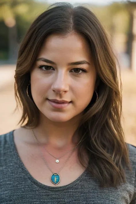 Realistic photo of a beautiful 3m1lyvc woman, 1girl, solo, long hair, breasts, blonde hair, shirt, brown eyes, jewelry, upper body, outdoors, necklace, blurry, lips, looking to the side, blurry background, realistic, soft lighting, professional Photography, Photorealistic, detailed, RAW, analog, sharp focus, 8k, HD, DSLR, high quality, Fujifilm XT3, film grain, award winning, masterpiece<lora:3m1lyvc:1.0>