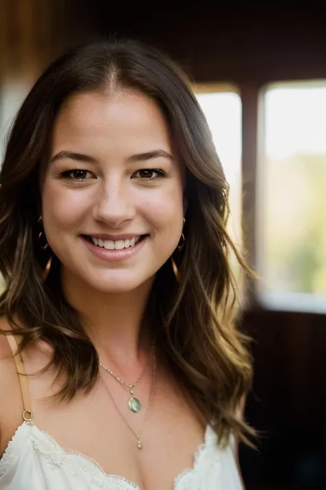 Realistic photo of a beautiful 3m1lyvc woman, 1girl, solo, long hair, breasts, looking at viewer, smile, blonde hair, brown hair, bare shoulders, brown eyes, jewelry, upper body, earrings, teeth, necklace, grin, lips, realistic, soft lighting, professional Photography, Photorealistic, detailed, RAW, analog, sharp focus, 8k, HD, DSLR, high quality, Fujifilm XT3, film grain, award winning, masterpiece<lora:3m1lyvc:1.0>