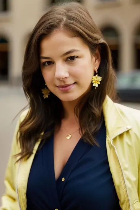 Realistic photo of a beautiful 3m1lyvc woman, 11girl, solo, long hair, breasts, looking at viewer, smile, brown hair, shirt, cleavage, brown eyes, jewelry, jacket, upper body, flower, earrings, lips, realistic, yellow jacket, soft lighting, professional Photography, Photorealistic, detailed, RAW, analog, sharp focus, 8k, HD, DSLR, high quality, Fujifilm XT3, film grain, award winning, masterpiece<lora:3m1lyvc:1.0>
