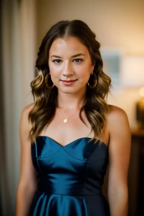 Realistic photo of a beautiful 3m1lyvc woman, 1girl, solo, long hair, looking at viewer, smile, blonde hair, brown hair, dress, bare shoulders, brown eyes, jewelry, upper body, earrings, black dress, lips, hoop earrings, realistic, soft lighting, professional Photography, Photorealistic, detailed, RAW, analog, sharp focus, 8k, HD, DSLR, high quality, Fujifilm XT3, film grain, award winning, masterpiece<lora:3m1lyvc:1.0>