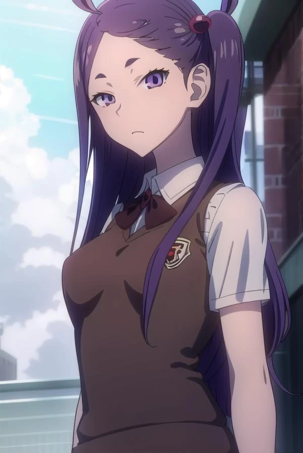 yuinitta, <lora:yuinittatest:1>,
yui nitta, long hair, hair ornament, (purple eyes:1.1), purple hair, hair bobbles, one side up, (small breast:1.2),
BREAK collared shirt, shirt, ascot, red ascot, juliet sleeves, short sleeves, sweater, (brown sweater vest:1.5),
BREAK looking at viewer,
BREAK indoors, classroom,
BREAK <lora:GoodHands-vanilla:1>, (masterpiece:1.2), best quality, high resolution, unity 8k wallpaper, (illustration:0.8), (beautiful detailed eyes:1.6), extremely detailed face, perfect lighting, extremely detailed CG, (perfect hands, perfect anatomy),