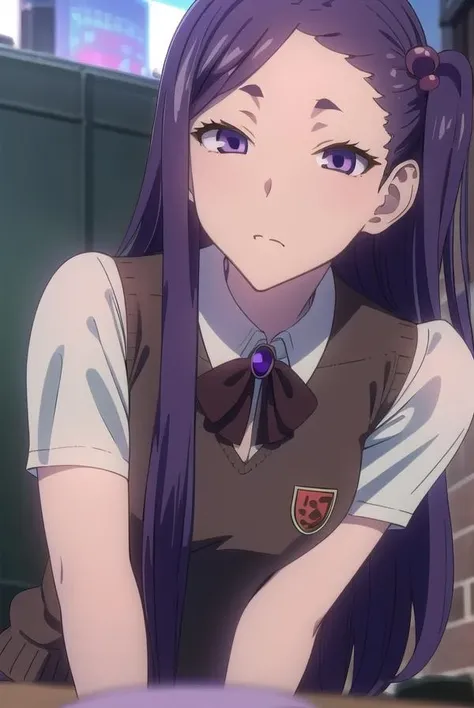 yuinitta, <lora:yuinittatest:1>,
yui nitta, long hair, hair ornament, (purple eyes:1.1), purple hair, hair bobbles, one side up, (small breast:1.2),
BREAK collared shirt, shirt, ascot, red ascot, juliet sleeves, short sleeves, sweater, (brown sweater vest:1.5),
BREAK looking at viewer,
BREAK indoors, classroom,
BREAK <lora:GoodHands-vanilla:1>, (masterpiece:1.2), best quality, high resolution, unity 8k wallpaper, (illustration:0.8), (beautiful detailed eyes:1.6), extremely detailed face, perfect lighting, extremely detailed CG, (perfect hands, perfect anatomy),