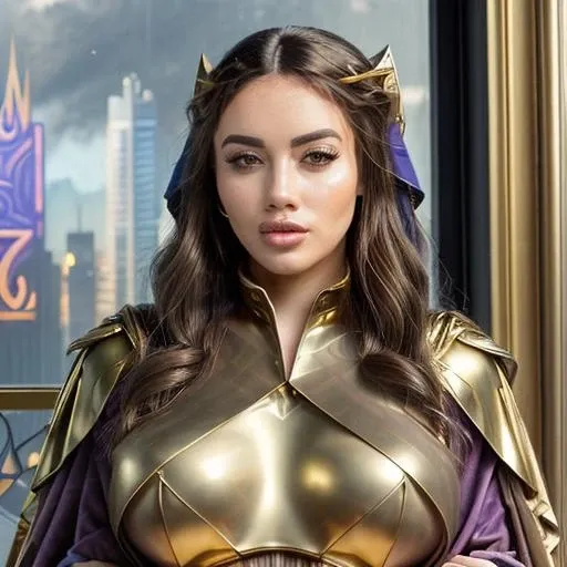 (desaturated) Victorian era impressionist painting of vic jun as a sexy ((cyberpunk)) priestess standing by a window, ((detailed cyberpunk city in the background)),  ((muscular body)), perfect face, (exposed breasts), full plump lips,  pointy nose, ((intricate cyberpunk details)), ((dressed in shiny golden metallic cloak), highly reflective metal, gold and blue hue, art by (((Evelyn de Morgan))) and [[Alphonse mucha]] and [[Raphael]], (muted colors), <lora:Victoria_june_lora-000006:0.2>