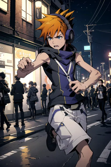 (masterpiece, best_quality, ultra-detailed, immaculate:1.3), detailed boy, sakuraba_neku, outside, in the city, tokyo, night, moonlight, neon, flashing light, angry, running, solo