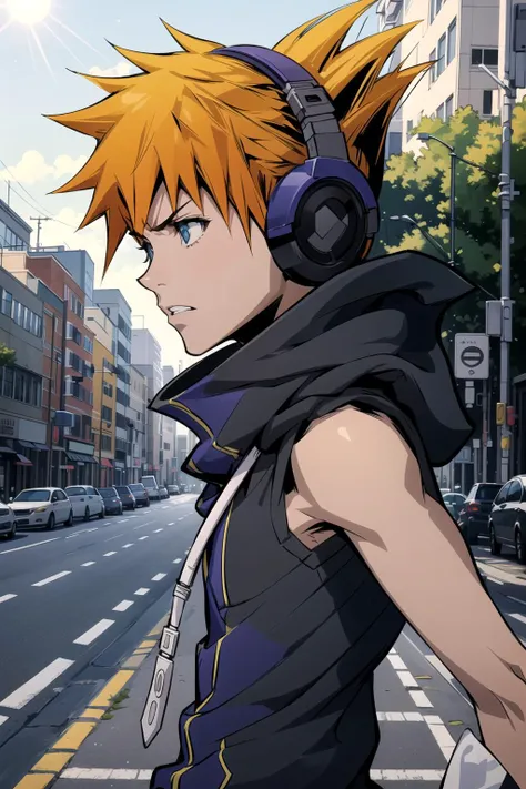 (masterpiece, best_quality, ultra-detailed, immaculate:1.3), detailed boy, sakuraba_neku, outside, in the city, daylight, in the sunshine, detailed light, upper body,angry, from side