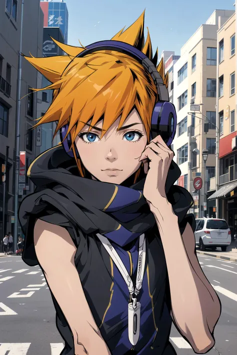 (masterpiece, best_quality, ultra-detailed, immaculate:1.3), detailed boy, sakuraba_neku, outside, in the city, daylight, in the sunshine, detailed light, upper body