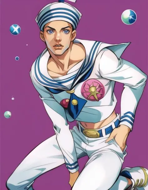 <lora:add_detail:0.87> solo, masterpiece, best quality, 1boy, 19 years old, gappyjojo, full body, hat, looking at viewer, solo, detailed background, detailed face, sailor, bright lighting, male focus, bubbles, belt, pants, anime, araki hirohiko (style), running, sneakers, shoes,
<lora:gappy:1>
